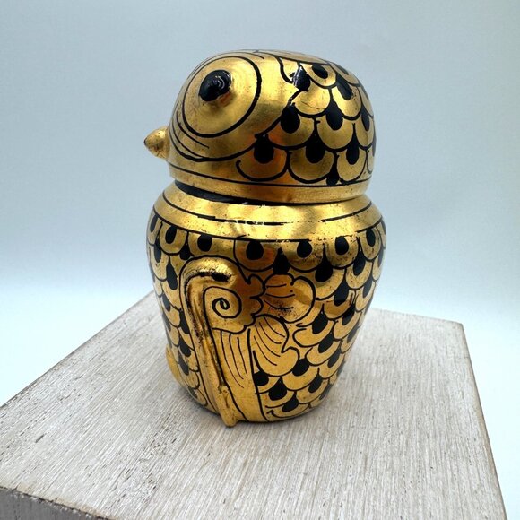 Vintage Hand Painted Burmese Gold & Black Lacquerware Owl Trinket Boxes delicate - Picture 4 of 12